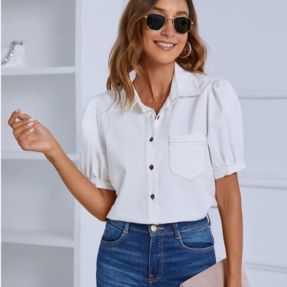 BMJL White Denim Fabric Women’s Button Up Short Sleeve Shirt